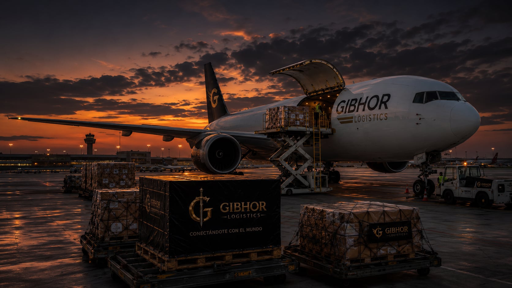 Avión de carga Gibhor Logistics al atardecer